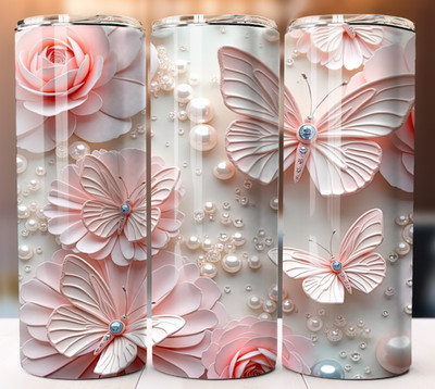 Butterfly 3d Pink Flower and Pears Tumbler 20oz Cup Mug Hot Cold Lid Straw
