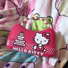 Hello Kitty Hard Eyeglass Case Pink/White Plastic Felt Lined Beaded Handle