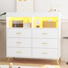 Dresser for Bedroom with 6 Drawers with LED Lights  Charging Station Baby Table