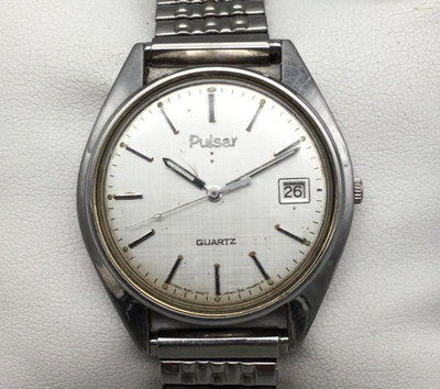 #ad Vtg Pulsar Watch Mens 36mm Silver Tone Dial Date Y562 8139 Stretch New Battery $26.99