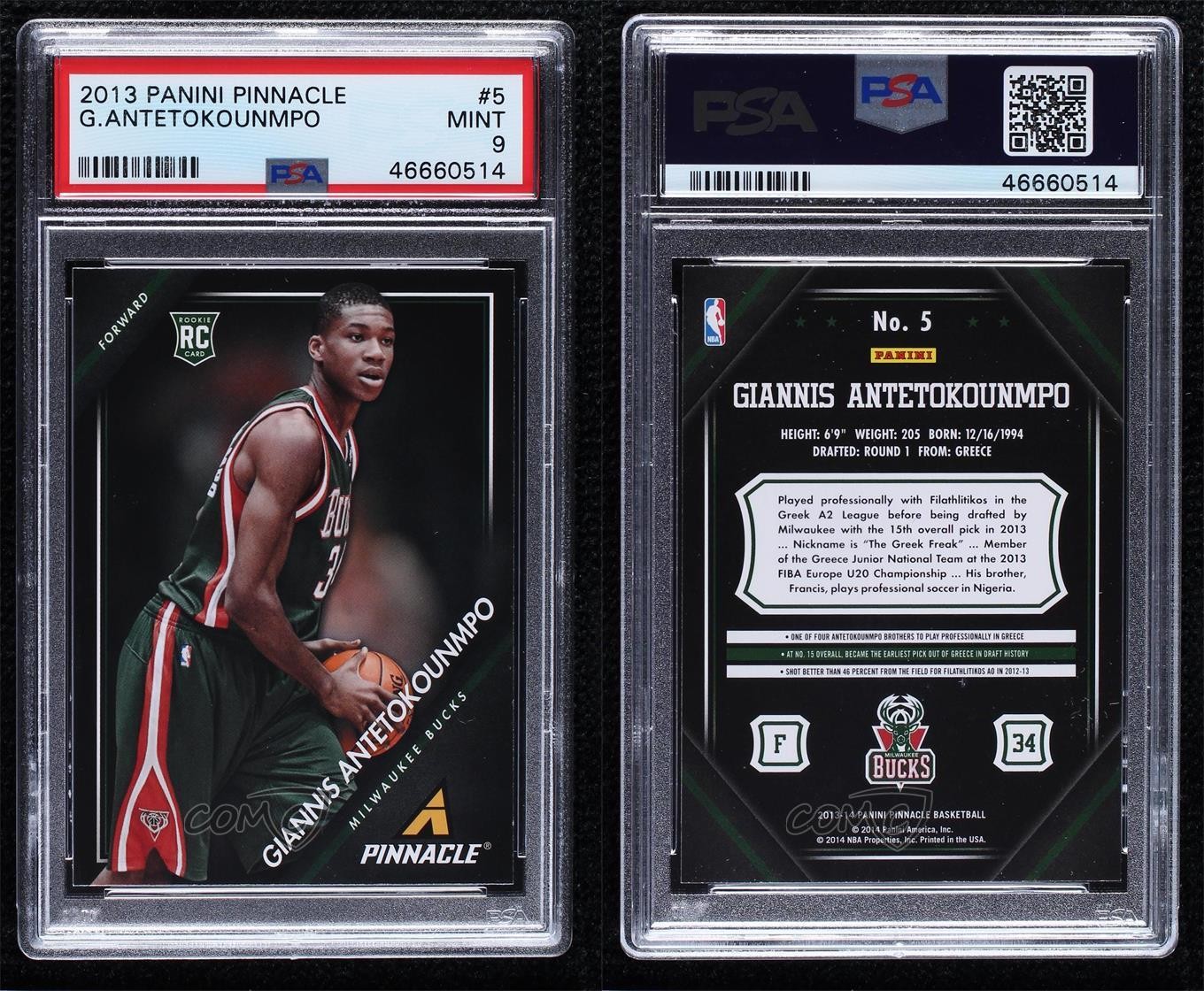 2013-14 Panini Pinnacle Giannis Antetokounmpo #5 PSA 9 MINT Rookie RC view 3