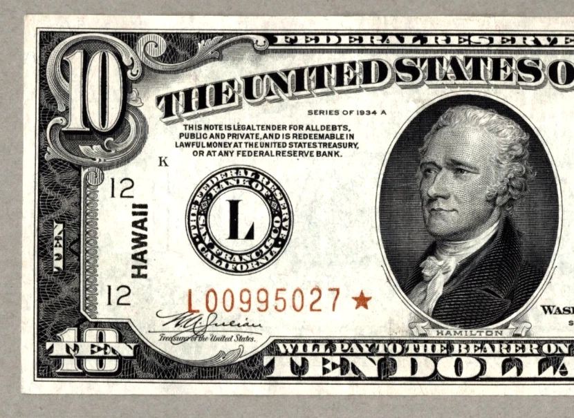 1934 A  $ 10🌴 HAWAII OVRERPRINT 🌴  ⭐ STAR NOTE ⭐  VF+ - Image 3 of 4