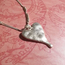 Heart Pounded Pendant Necklace Chain Bead Accents Silver Tone 17 to 19 In Love