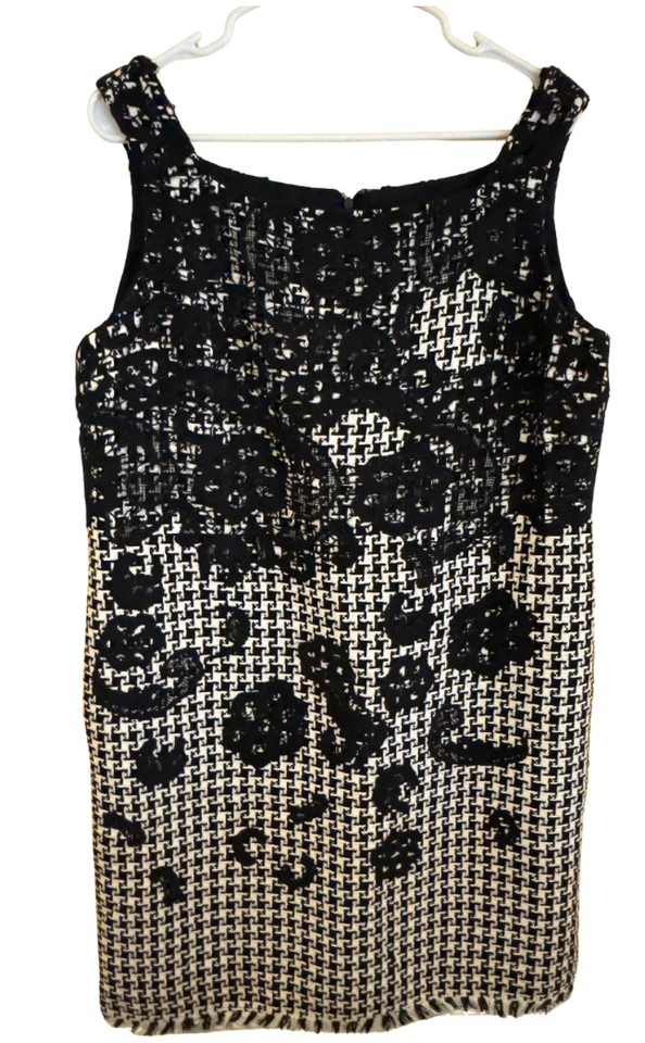 Vestido Oscar De La Renta Talla 14 Negro Blanco Encaje Apliques Pata de Gallo 100% Seda Foto 2 de 4