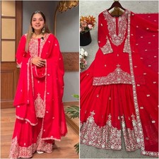 Fancy Designer Faux Georgette Red Top Palazzo With Dupatta For Reception