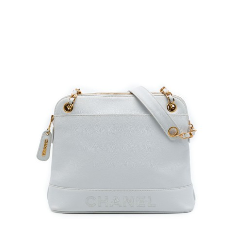 Chanel Caviar Logo Chain Shoulder Bag Pre-Loved Off White