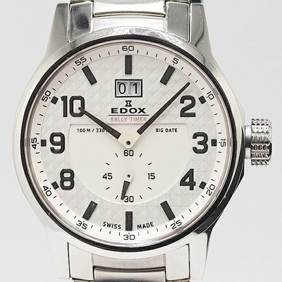 Edox Rally Timer Big Date QZ White Used Working Boxed