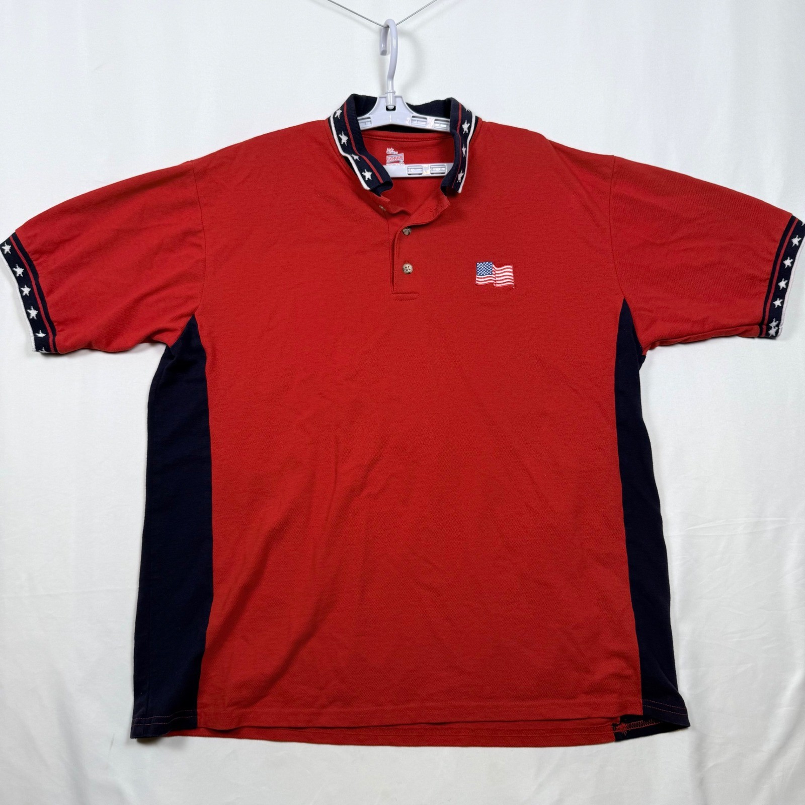 Vintage Soffe Polo Shirt Mens XL Red Blue Stars Stripes Patriotic Made in USA