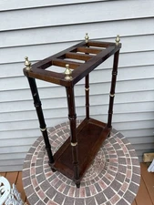 Vintage Bombay Company mahogany/brass umbrella stand W/faux bamboo. Missing Tray