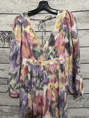 Amalie The Label- Lily Linen Blend V-neck Long Puff Sleeve Tie Back Dress |  eBay