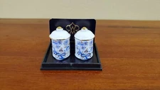 Dollhouse 2 Large Jars Bins with Lid Reutter Porcelain 1:12 Scale Blue Onion