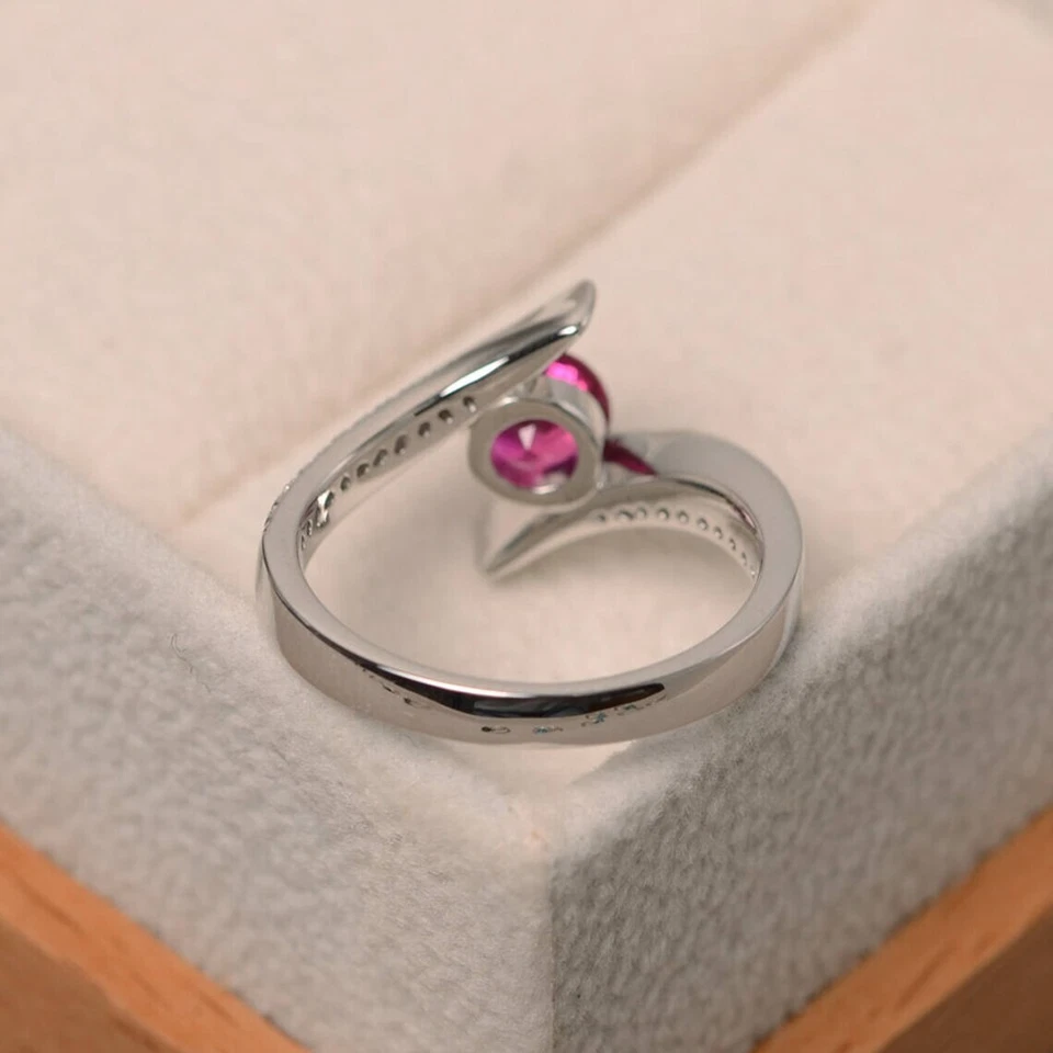 925 Sterling Silver Pink Ruby Ring Lab Created Round Cut Gemstone Women Ring - Image 3 of 4