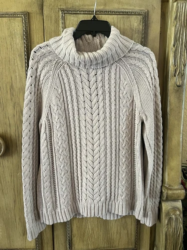 Marled Cowl Neck Cable Knit Sweater Beige Women’s Size Large