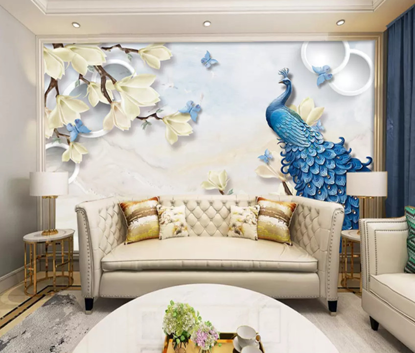 3D Blue Peacock 10555NA Wallpaper Wall Mural Removable Self-adhesive Fay