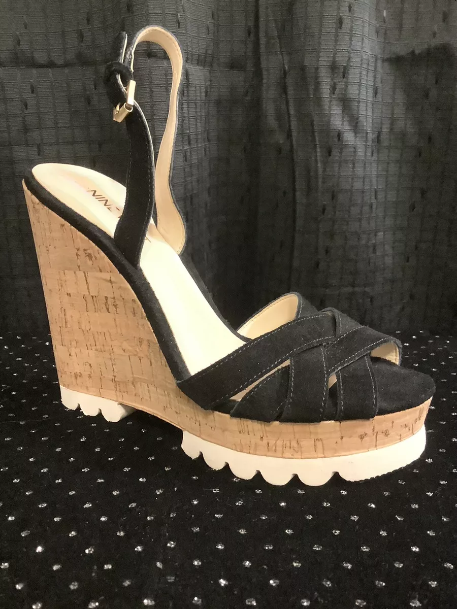 NINE WEST Peep Toe Sandals Heels Cork Wedge Platform Suede Black Size 6 O319