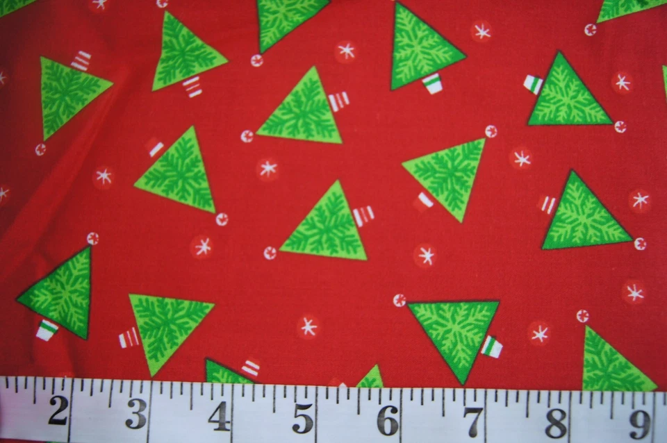 1/2 Yard Green Christmas Trees on Red  Cotton Quilting Fabric 18" X 42" - Image 2 of 2