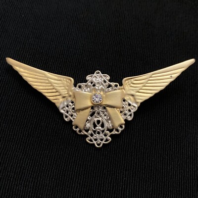 Vtg Steampunk Angels Wings Filigree Rhinestone Brooch Pin Gold & Silver Tones 3 