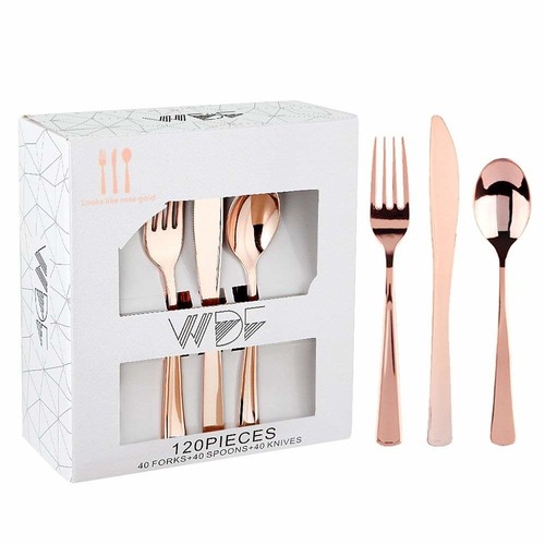 Rose Gold Silverware Set Fancy Disposable Holiday Wedding Christmas Best Elegant - Picture 6 of 8