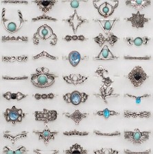 Bohemian Vintage Rings 60pcs Wholesale Mixed Silver Tone Turquoise Women Jewelry