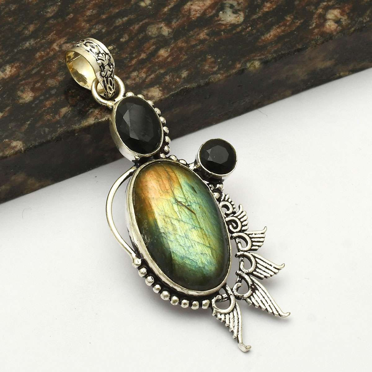 Labradorite Onyx Gemstone Handmade Ethnic Pendant Jewelry 3.28 Inches AP 75814