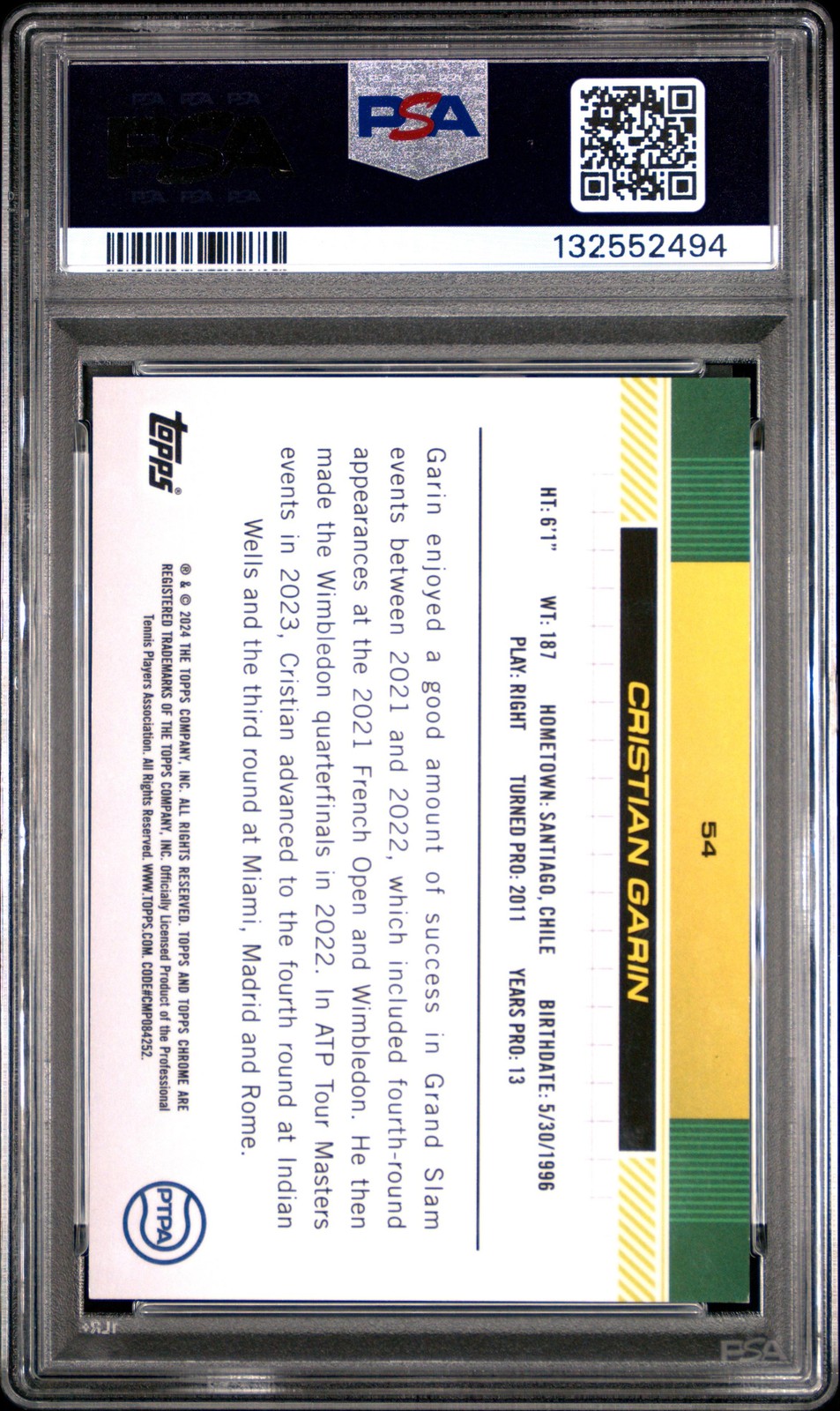 132552494 Cristian Garin 2024 Topps Chrome #54 Superfractor 1/1 PSA 9 view 2