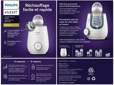 Philips Avent Premium Fast Bottle Warmer SCF358 Smart Temp Control Auto Shut Off