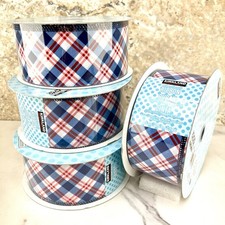 4x Kirkland Wire-Edged Ribbon Red White  Blue Plaid 2.5" Wide 50 YD