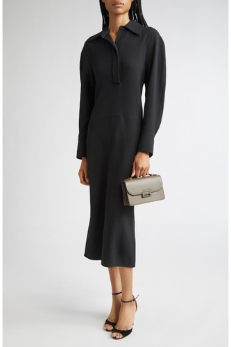 VICTORIA BECKHAM Crepe Long Sleeve Polo Midi Dress Black IT 42 US 6 Org $1,550