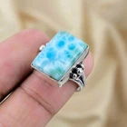 925 Sterling Silver Ring Natural Larimar Gemstone Ring Silver Statement Ring