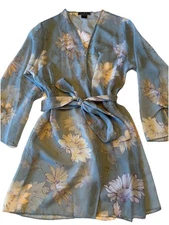 Halston Floral Blue Sheer Robe Sarong Swimsuit Coverup W/Sash L/XL