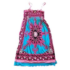 De Colores y2k Boho Smocked Medallion Print Sundress Pink Turquoise Mini Dress