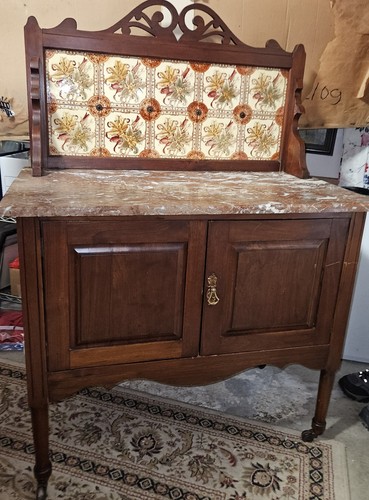 AntiqueTile Back Victorian Washstand Cupboard Marble Top Gorgeous Wood Exlnt