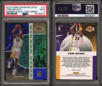 KOBE BRYANT 2019-20 Donruss Optic Winner Stays Lime Green Prizm 049/149 PSA 9