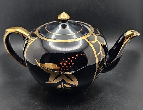 Burslem Made in England Hand Painted Numbered Teapot Black Gold Floral Vintage - Picture 3 of 9