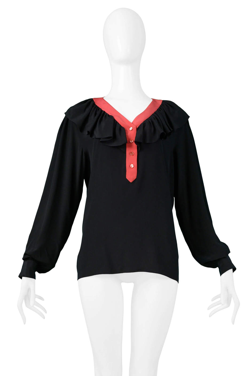 CAMICIA VINTAGE YVES SAINT LAURENT YSL NERA E ROSSA IN SETA CON VOLANT