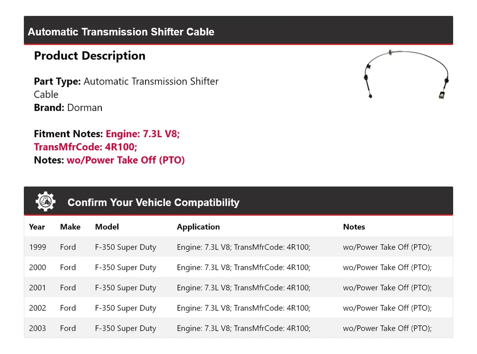 Cable de palanca de cambios Dorman AT 2000 2001 para Ford F-350 Super Duty 1999-2003 7,3 L Foto 2 de 4