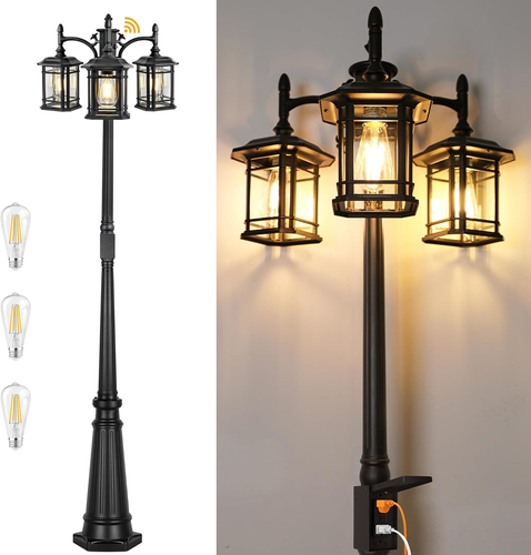 Dusk to Dawn Outdoor Lamp Post Lights, Black Light Pole with Clear Glass Panels