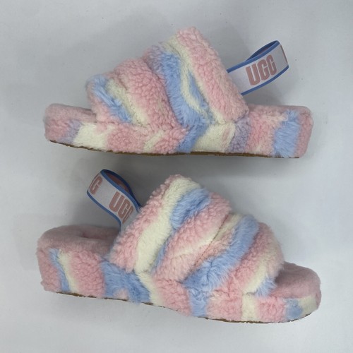 UGG W FLUFF YEAH SLIDE Slipper Cali Collage Women's 9 Pink Blue White Stripe - Picture 2 of 10
