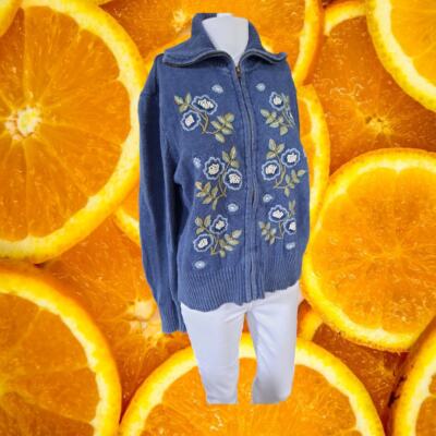 Tiara International Blue with Embroidered Flowers Full Zip Sweater Size M
