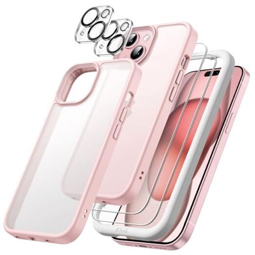 5 in 1 Matte Case for iPhone 15 Plus 6.7-Inch with 2-Pack Each Tempered Pink