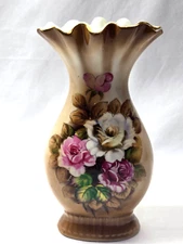 Vintage LIPPER & MANN Vase - European Style 10" Floral With Crimped Rim - Japan