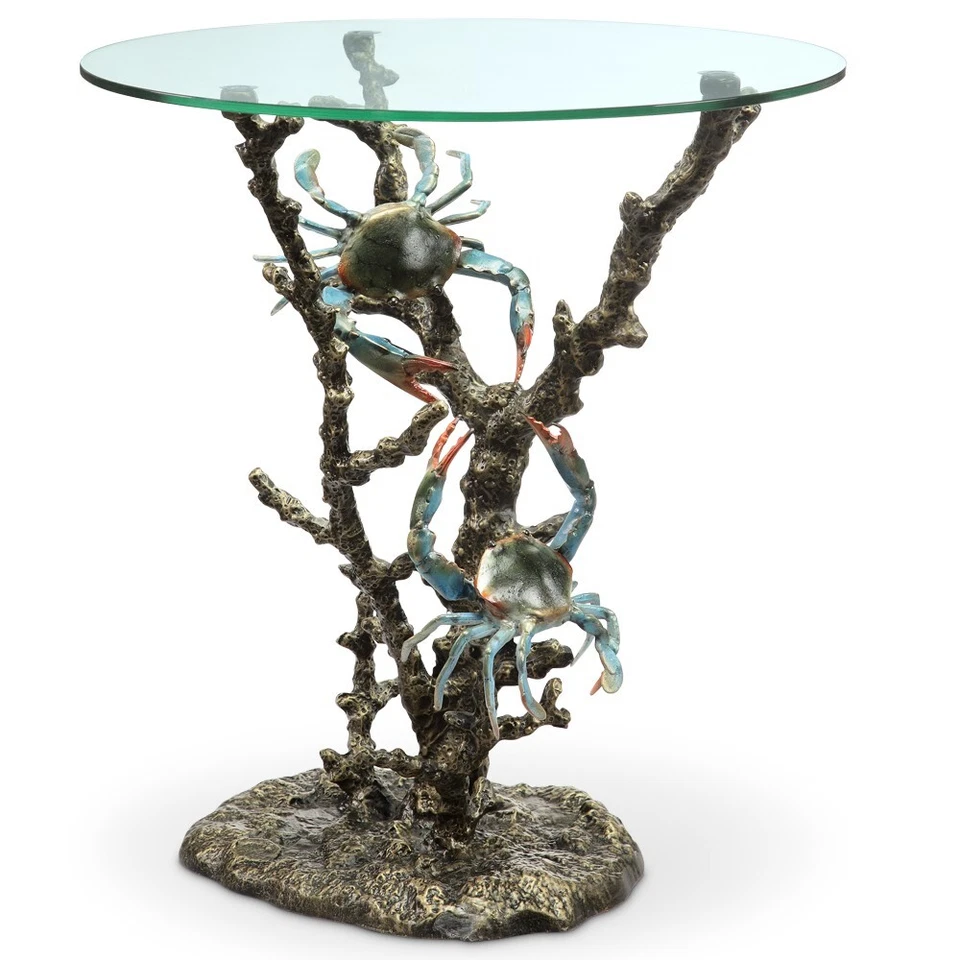 Aluminum With Glass Top Coastal Decor Two Crabs And Coral End Table - Image 2 of 3