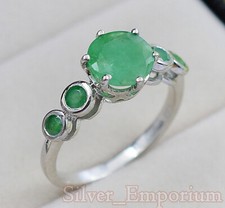 925 Sterling Solid Silver Natural Round Emerald Gemstone Wedding Ring For Women