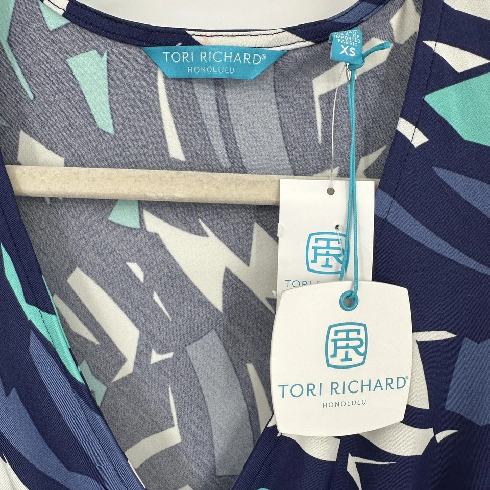 Vestido Tori Richard Para Mujer XS Azul Laguna Spin Art Danni Acanalado Envoltura Hecho en EE. UU. Foto 4 de 4