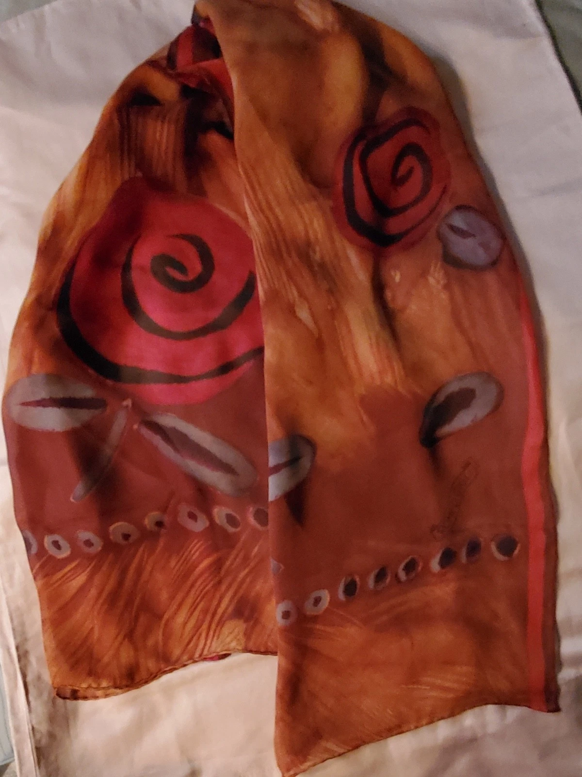 ROMEO GIGLI Red Roses SILK SCARF 60" x 16” GORGEOUS Red Gold Brown Rust VINTAGE