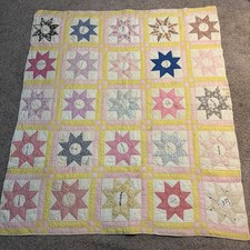 Vtg 1934 Sawtooth Star Quilt 75  X 65  Floral Hand-Quilted Each Star Has A Name