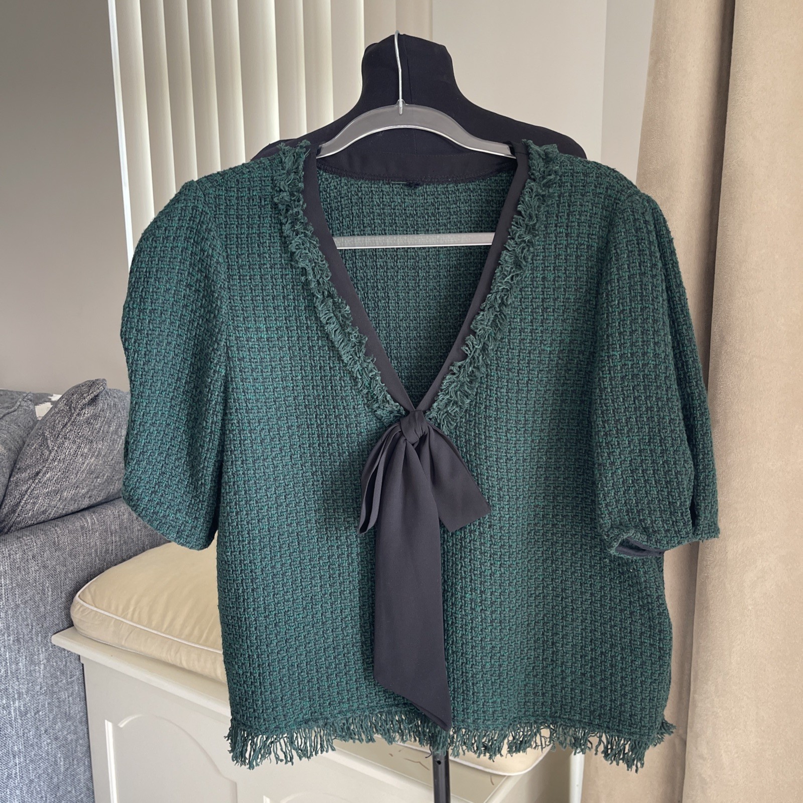 Zara Green Tweed Short Sleeve Blouse With black ribbon v neck frayed hem M