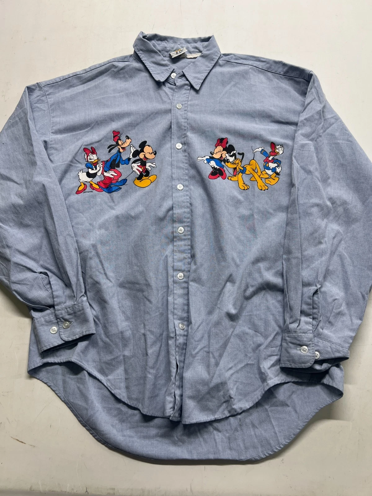 Vtg Mickey & Co Button Up Shirt Blue Embroidery Graphic Long Sleeve Mens Sz M