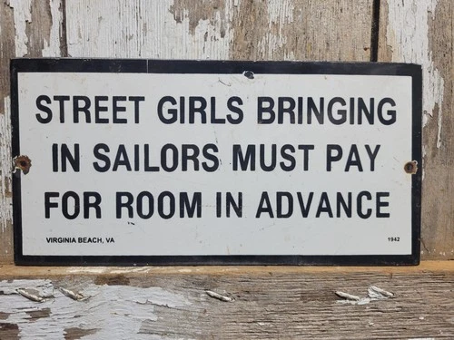 VINTAGE 1942 SAILOR PORCELAIN SIGN OLD HOTEL VIRGINIA BEACH STREET GIRLS BROTHEL