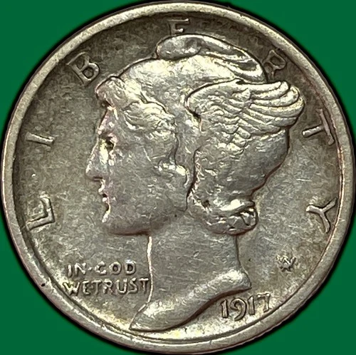 1917-S Mercury Dime Almost Uncirculated AU Coin, Light Cleaning #36620